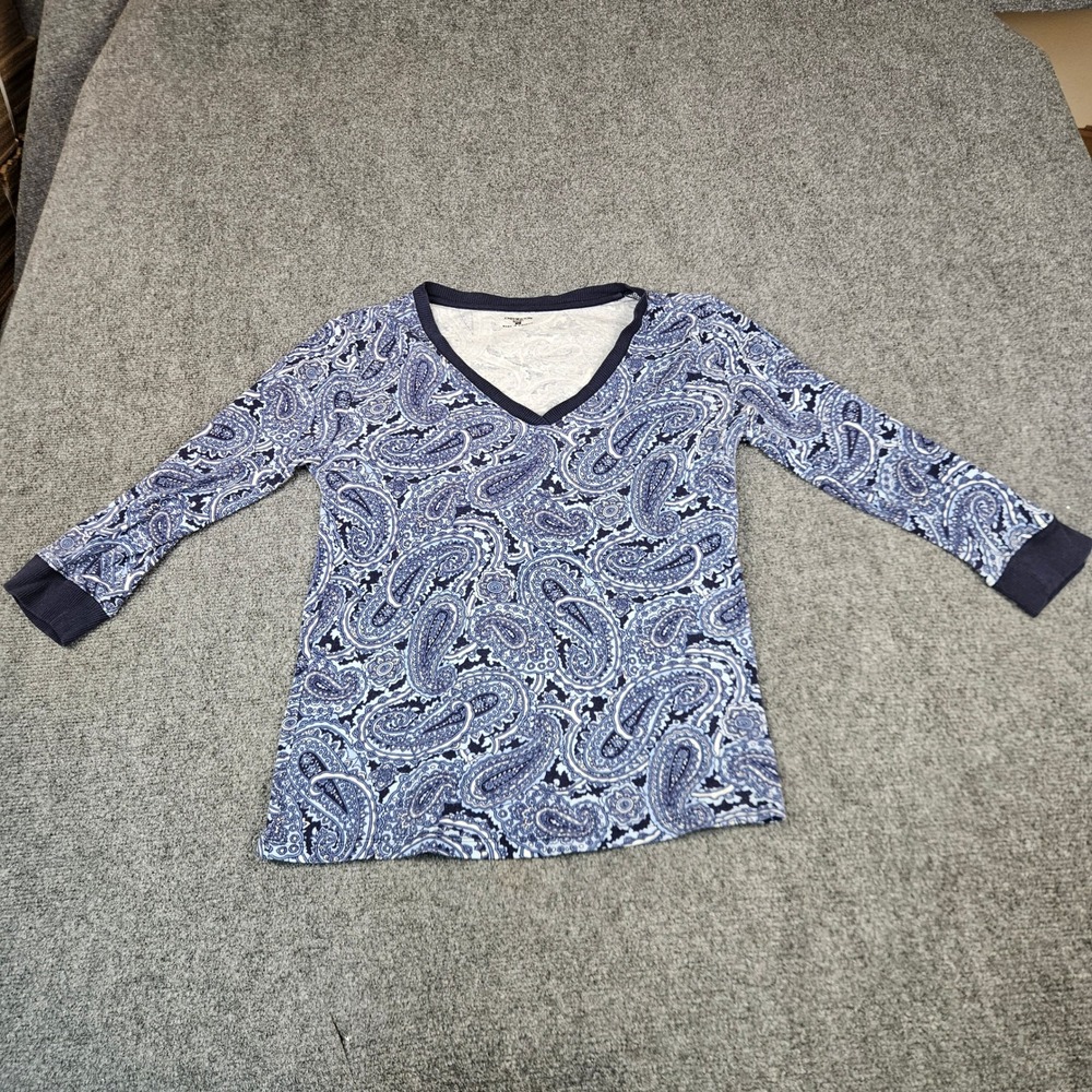 Jones New York Sport Womens Blue Paisley V-Neck 3/4 Sleeve Cotton Top Size M